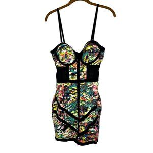 Colorful Corset Bodycon Mini Tank Dress M Festival Mesh Sheer Concert 90s Funky